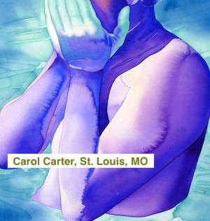 Carol Carter, contact her if interested in her work or workshops. Notice the edges of the light purple on the arms of her son. It has a look like water advancing on a beach. That is a "backflow."