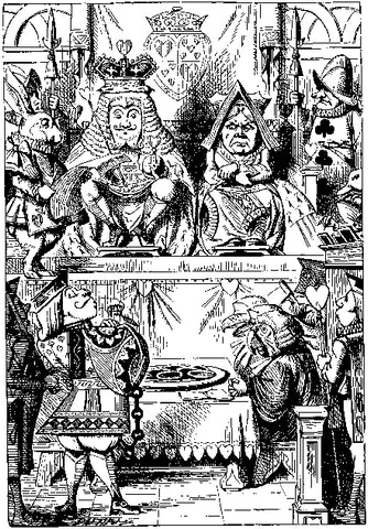 An ink drawing of the Knave standing in front of the King and Queen at court, pleading his case. Story by Lewis Carroll.