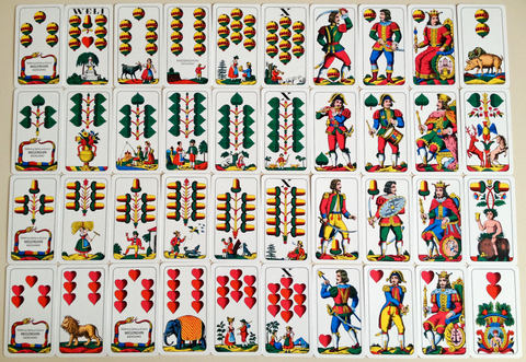 The complete Salzberg deck with all the cards laid out in rows and columns.