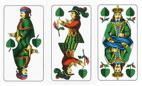 3 cards from the Leaf suit. The king in green royal attire, and two gentlemen, one with a feathered cap holding a plant like a botanist, and the other pointing a finger on his right hand, perhaps a teacher?.