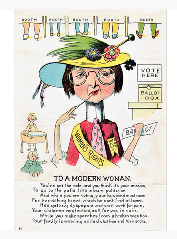 a spinster-looking woman with eyeglasses and an odd hat, and a ballot in her hand.