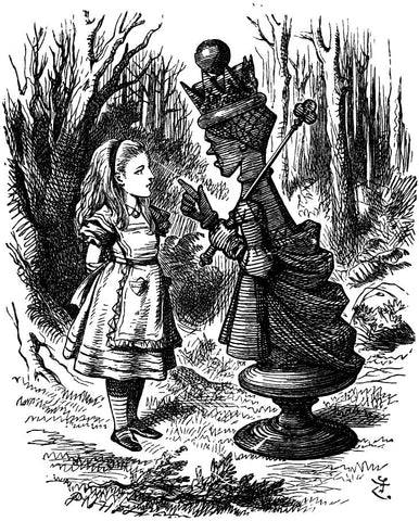 a drawing of Alice talking with a chess piece of a Queen. The chess piece is tilted toward Alice for their conversation.