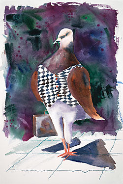 Watercolor painting by Jane M. Mason of a whimsical bird standing upright and carrying a briefcase.