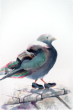 Painting of a bird with colorful feathers and preposterous clunky shoes on her feet.