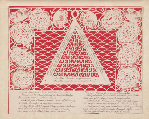 Intricately cut repetition of the word "abracadabra" spelled out over and over in a triangle shape with cut flowers in a "U" shape around the triangle.