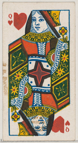 A Queen of Hearts from a deck of cards. This is a familiar style to a traditional queen in a deck.  She has many prints in the fabric covering her body, plus a draped hat on her head.