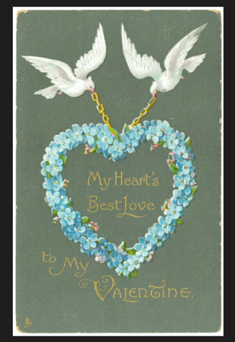 An illustration of two white doves on each side of the top of the card. the doves have a gold chain in their beaks and they are flying with a heart-shaped bouquet of blue hydrangea blooms.
