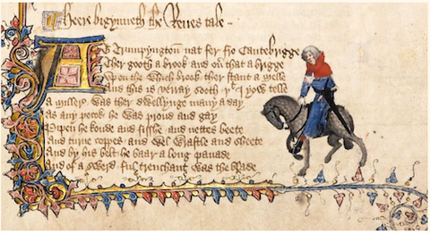 A page of illuminated manuscript depicting a man on a horse.