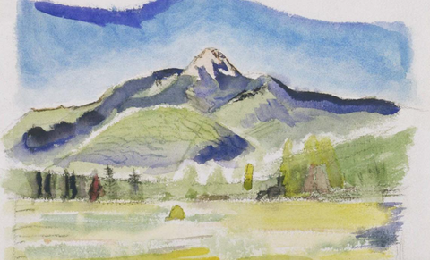 abstract watercolor painting of mountain. Blue sky, yellow-green foothills in front. 