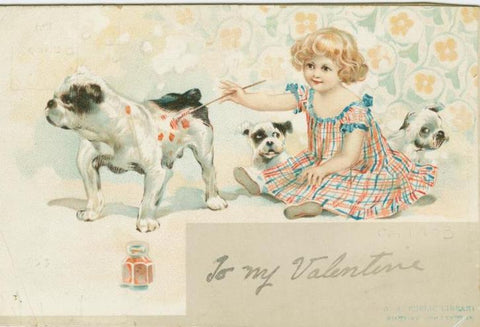 Illustration of a young girl painting hearts on her bulldog with a paintbrush