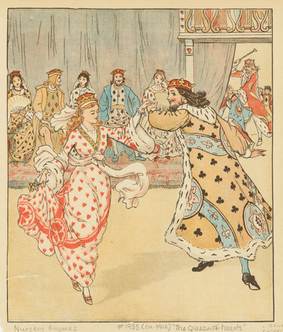 Queen and King of Hearts festively dancing at court. In the background there are other royal figures representing different suits of cards. In the background in the upper right, partially hidden by a curtain, the Knave of Hearts is being beaten with a cane (?) by someone.