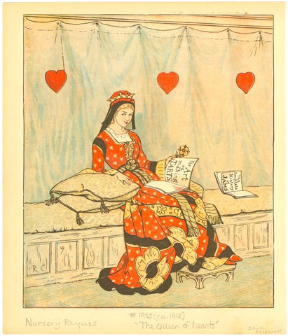 the queen sitting on a bench in front of a drape. She is reding a book about tarts. And there is a heart pattern on the fabric for her dress.