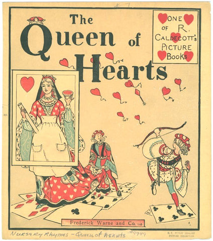 Cover of the book, "Queen of Hearts." There are heart-shaped scattered over the page and a queen dressed in an apron is holding a smart tart in her hand.