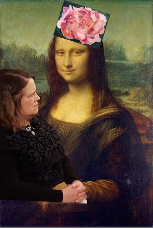 My spoof of the Mona Lisa holding hands with me and wearing one of my paintings for a hat. I seem concerned for some reason....