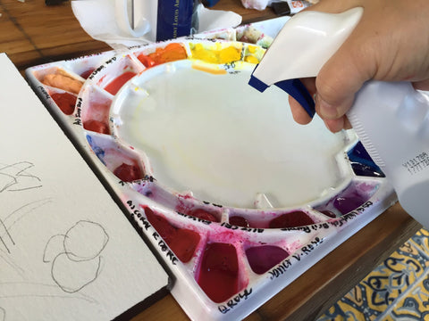 Starting to paint with my Quiller palette set up in a color wheel configuration.