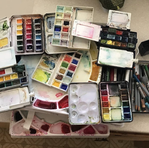 A selection of some of my palettes. Most shown are for painting plein air. They are small enough to fit in a small daypack or even a pocket.