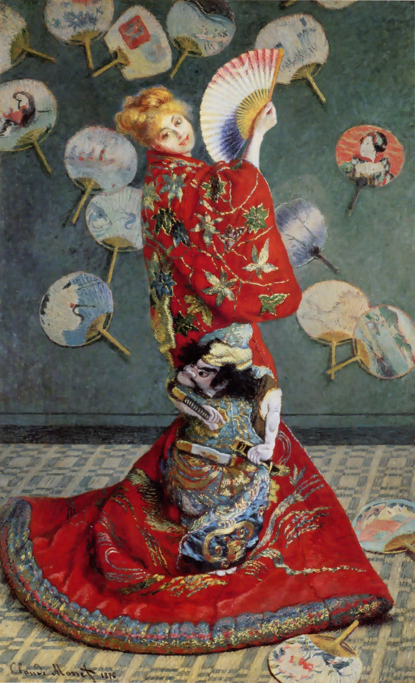 Madame Monet en Costume Japonais," 1875. Painted by Claude Monet illustrating the influence of the Japanese culture on the artists of Paris.