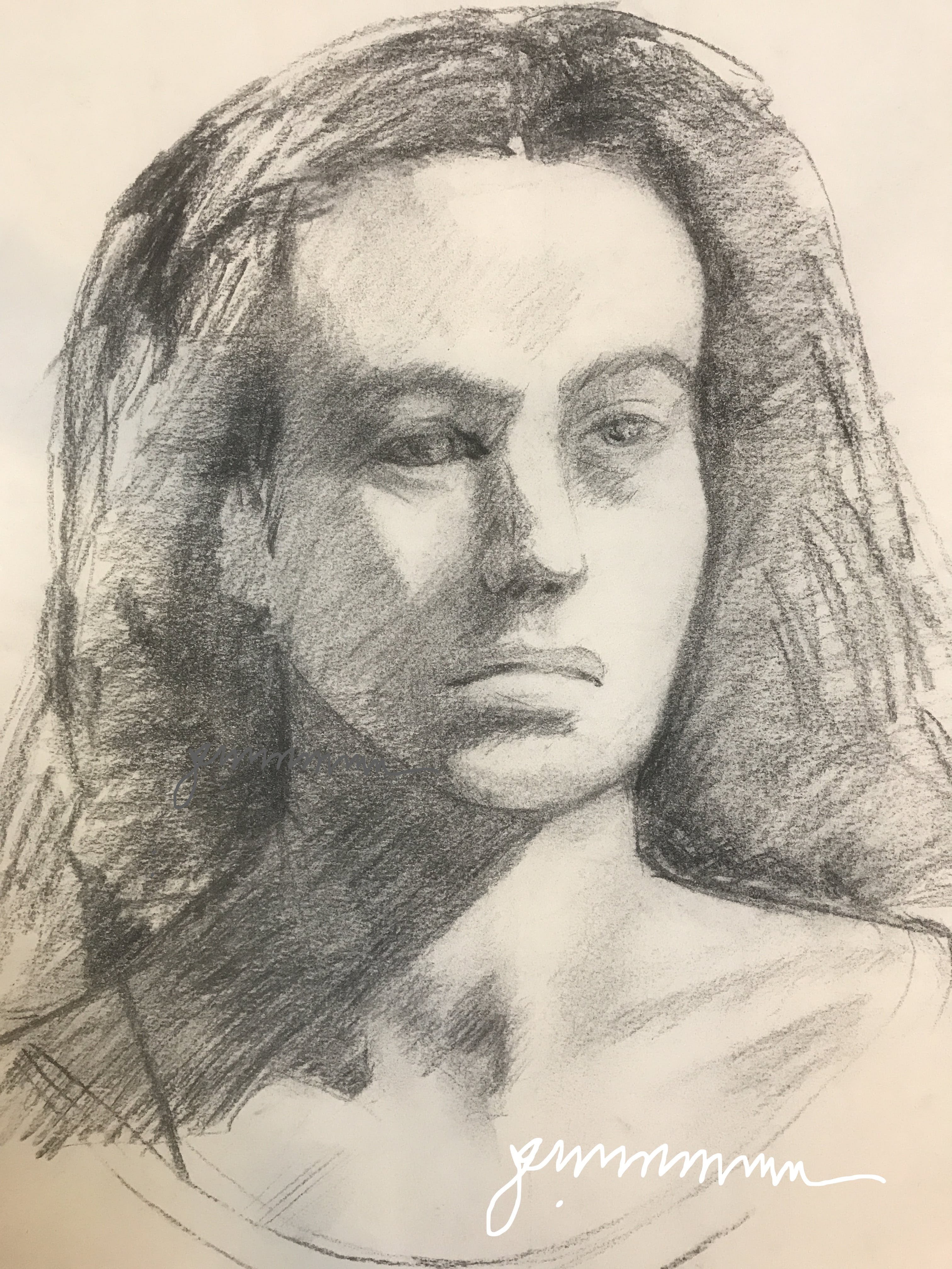 Isabella, a friend in Italy. By Jane M. Mason (C) Charcoal and graphite on paper.