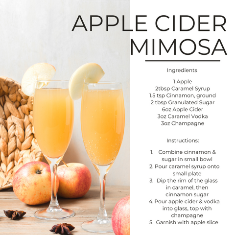 We're comfortable admitting to you that we're addicted to apples. Fall means apple season and we are so ready for it! We recommend going all in on apple and pairing this Apple Cider Mimosa with Colonial Cylinders Apple Allspice candle. They share notes of cinnamon, a touch of sweet sugar, and all that apple-y goodness!