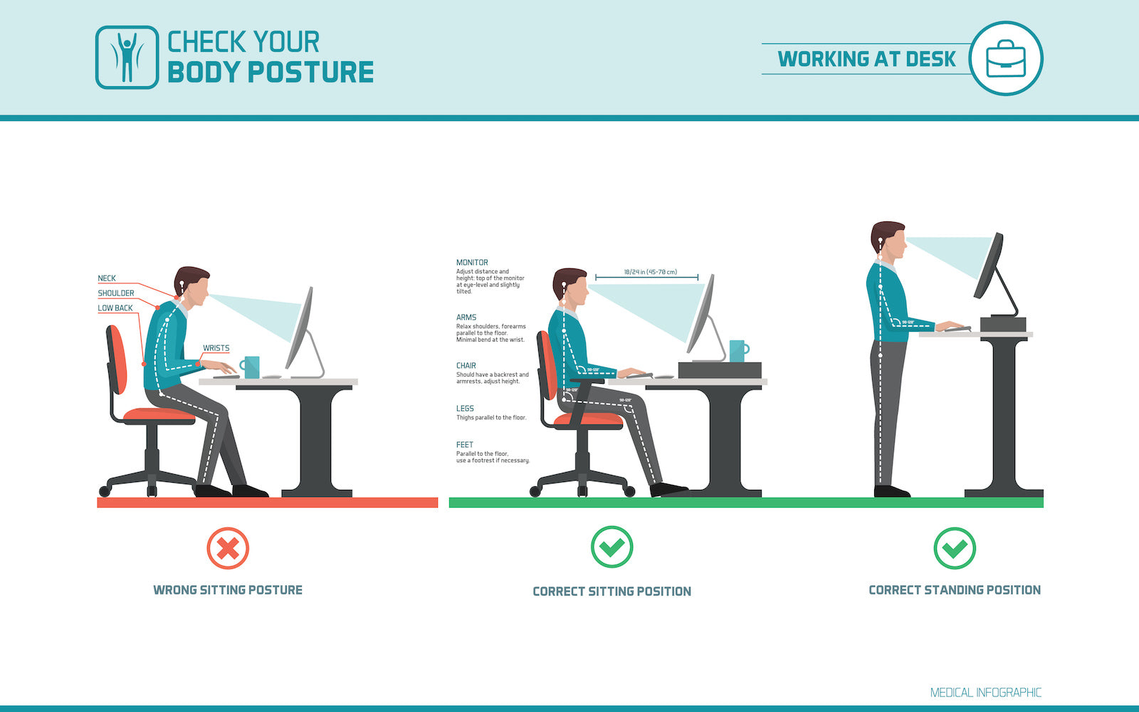 Proper Body Posture at desk while sitting and standing - info graphic