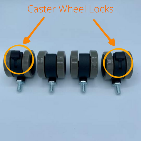 Arrows pointing to the two locks on MojoDesk caster wheels