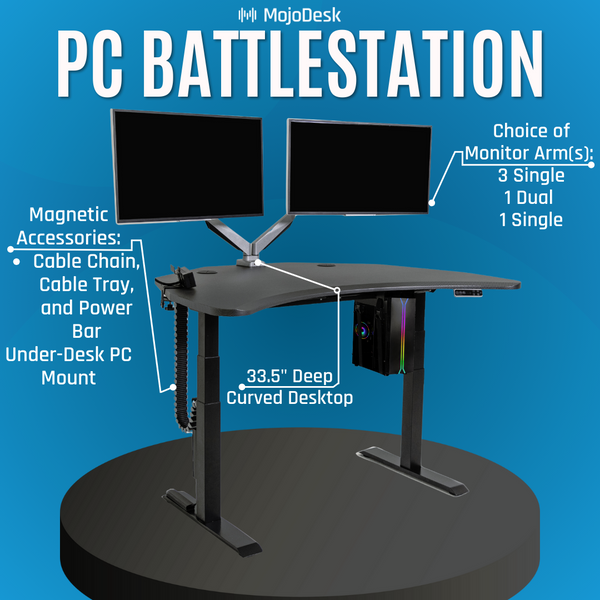 Detailed view of PC Battlestation's ergonomic features, including adjustable height, Carbon Fiber desktop, and cable management system