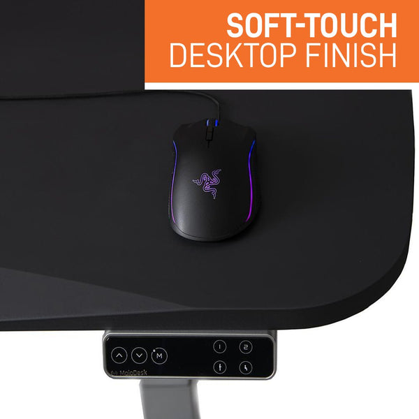 Soft touch surface of Mojo Gamer Pro standing desk is perfect for mouse tracking combined with an ergonomic front edge