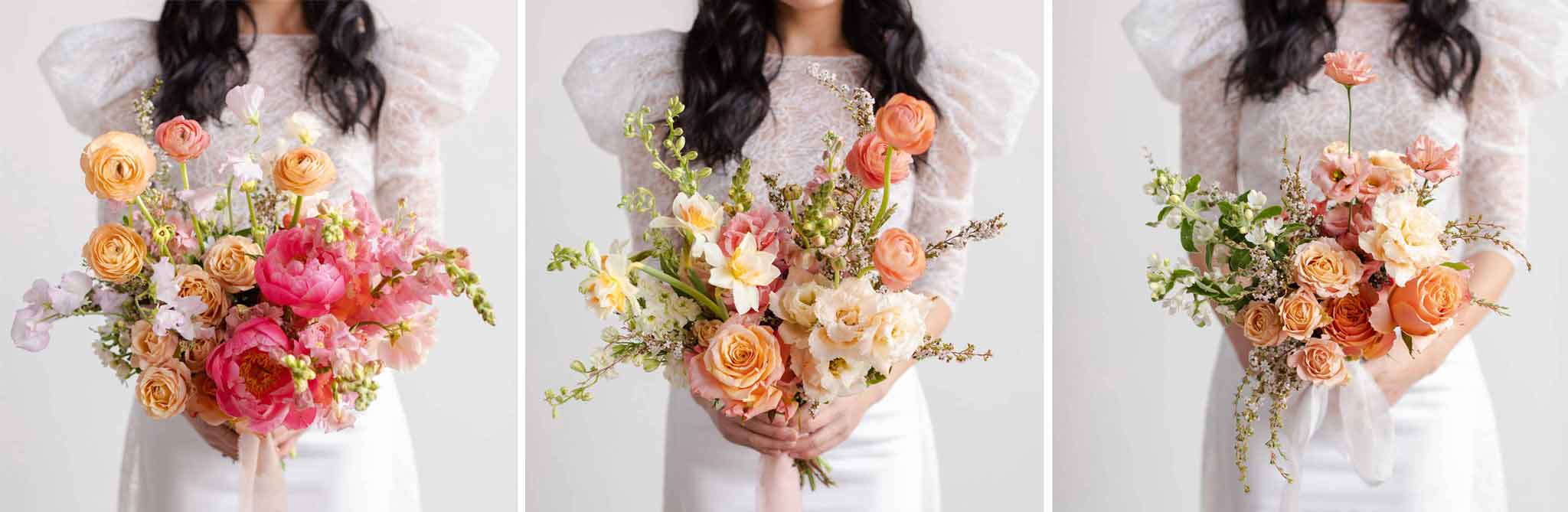 Woman in a white dress holding three sizes of wedding bouquet