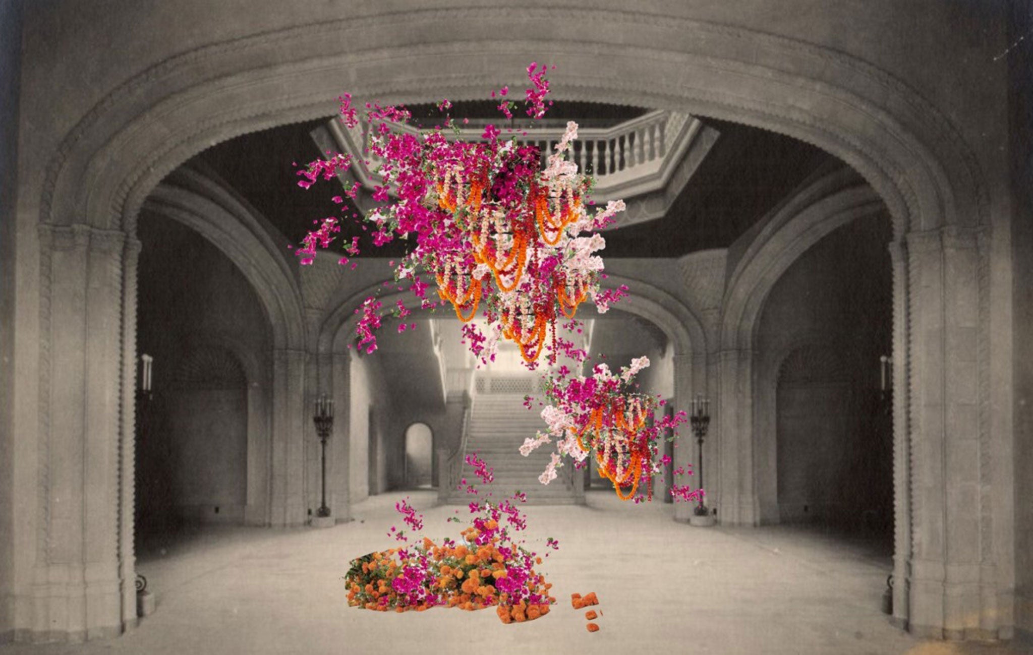 Render of Art Alive floral installation in San Diego Museum of Art 