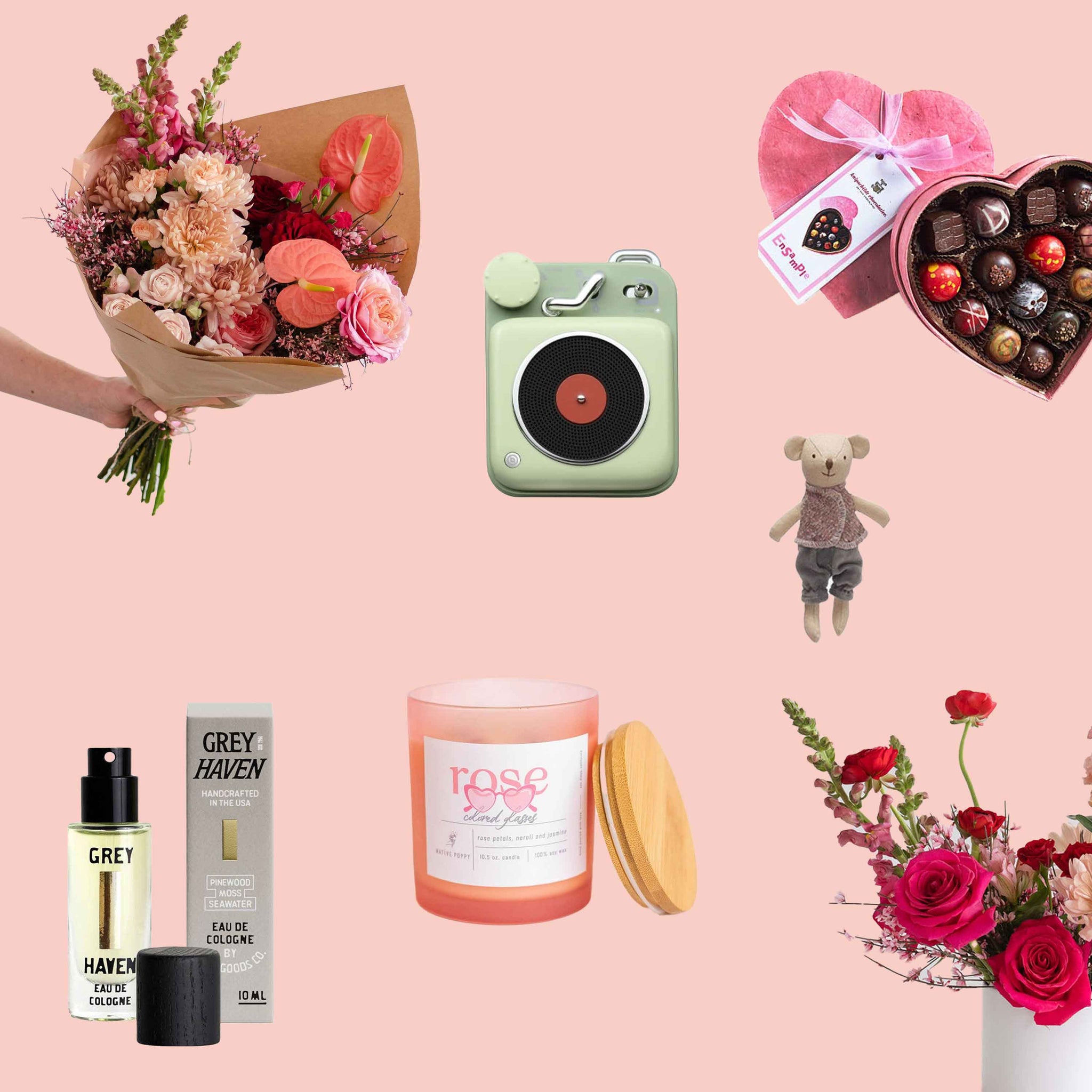 A collage of Valentine’s Day gifts on a pink background