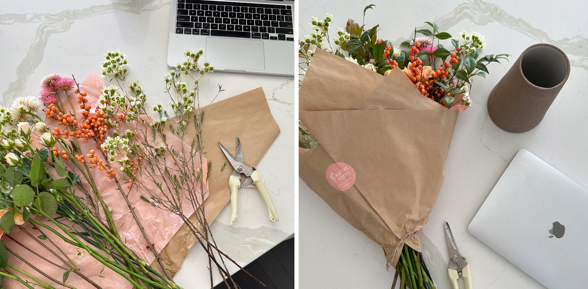 Flowers spread out with shears and a computer