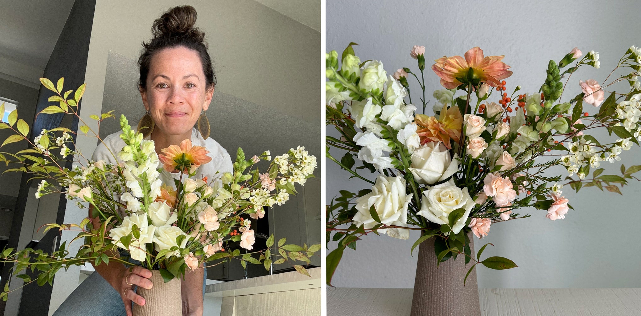 Woman holding fresh flowers in a vase