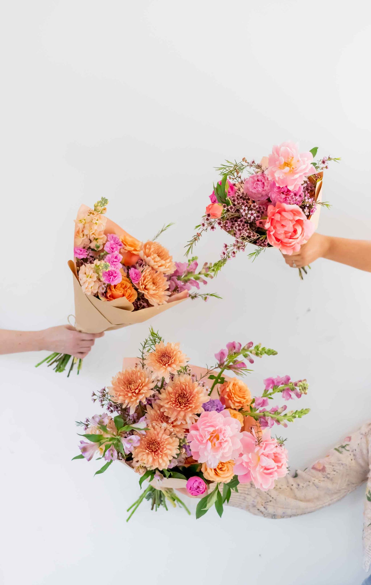 Three Mother’s Day flower bouquets featuring peonies