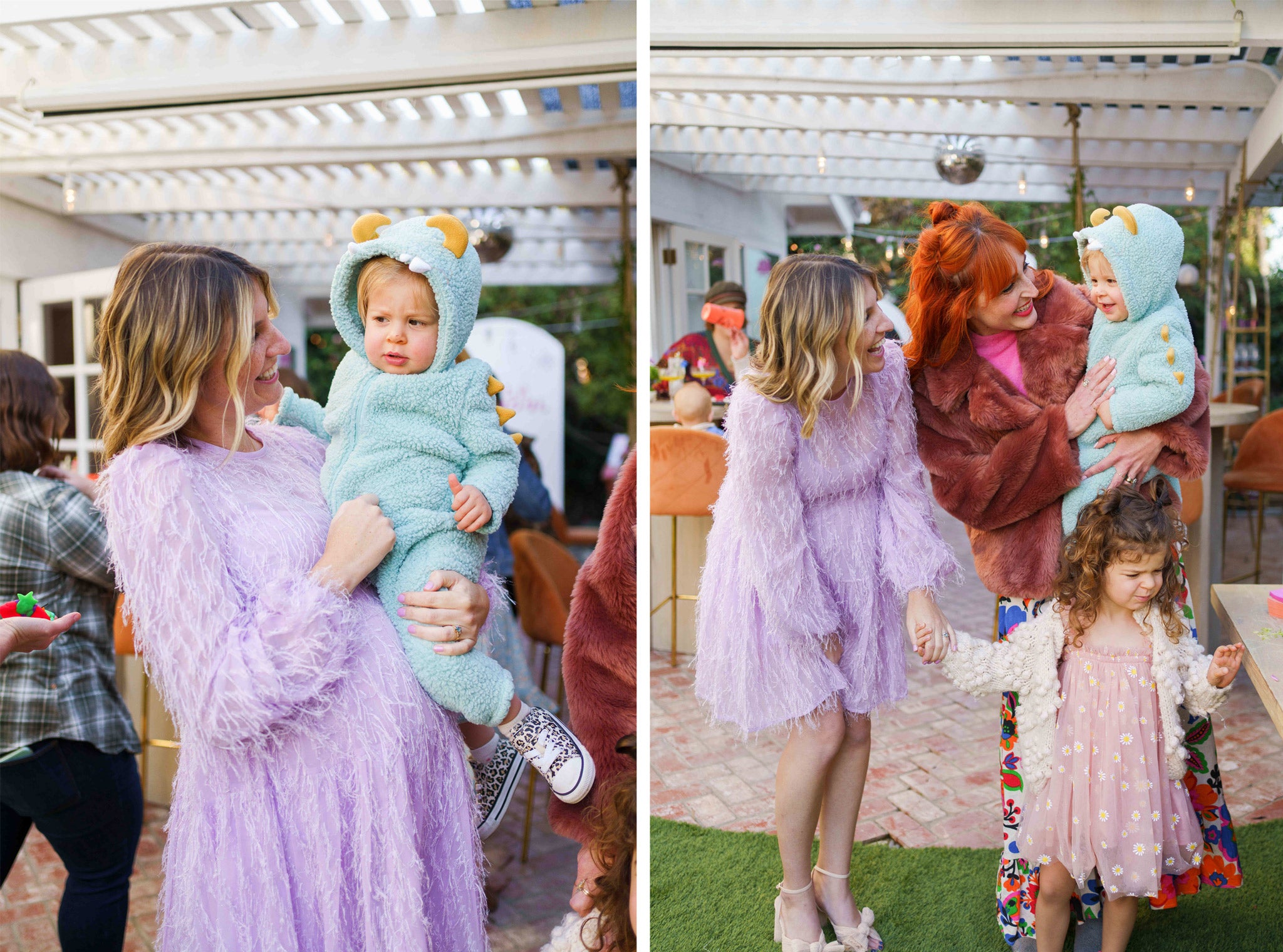 Woman in purple frill dress with toddler in monster costume