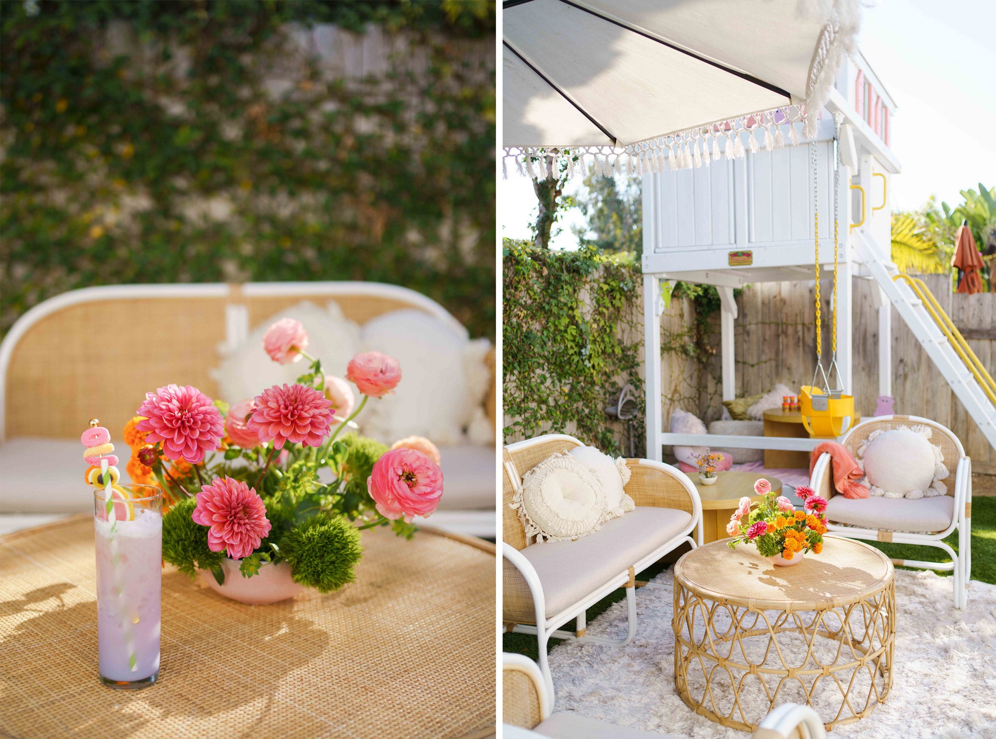 Pink flower arrangement next to a white and pink tree house