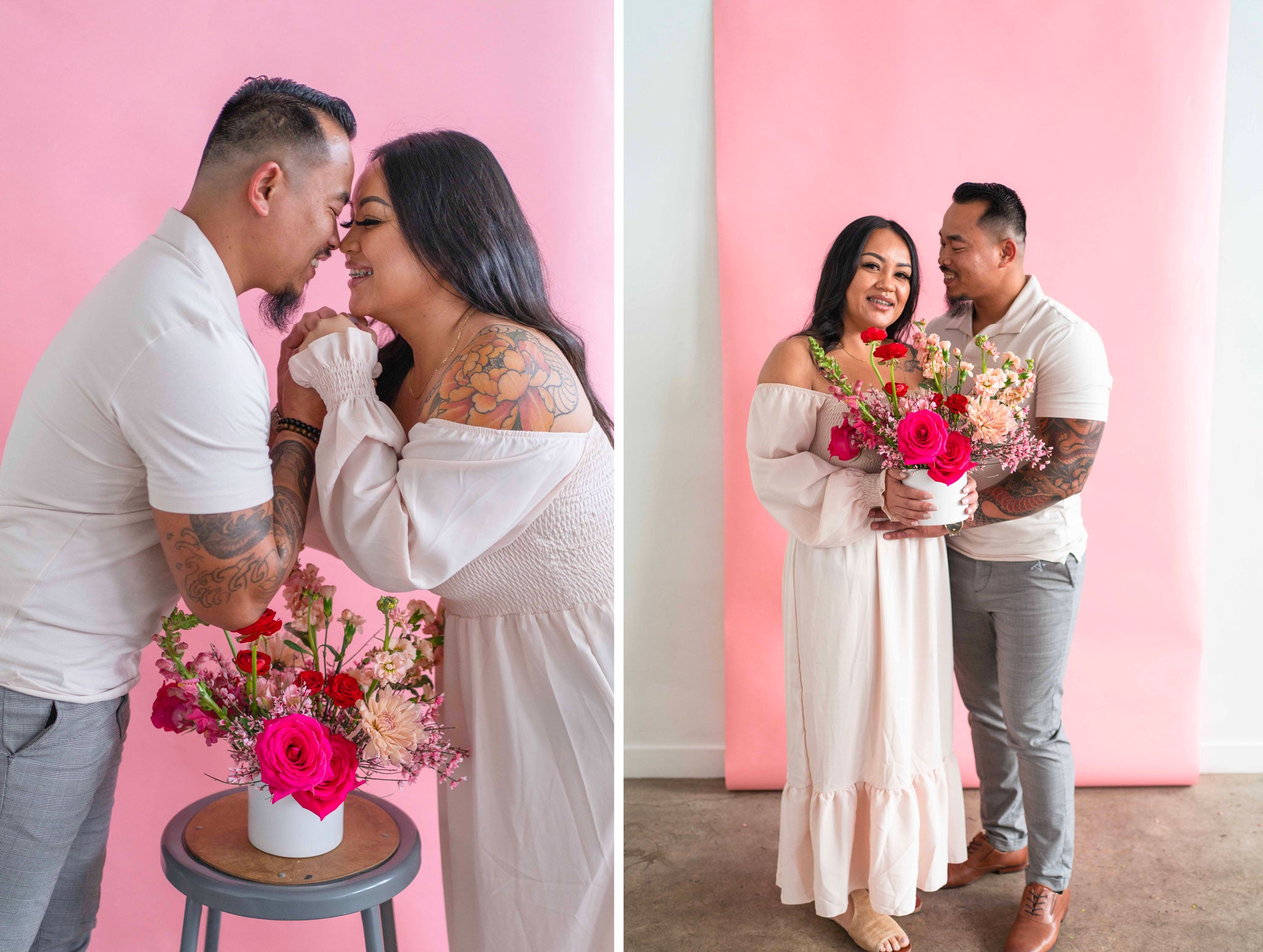 Couple standing with valentine arrangement