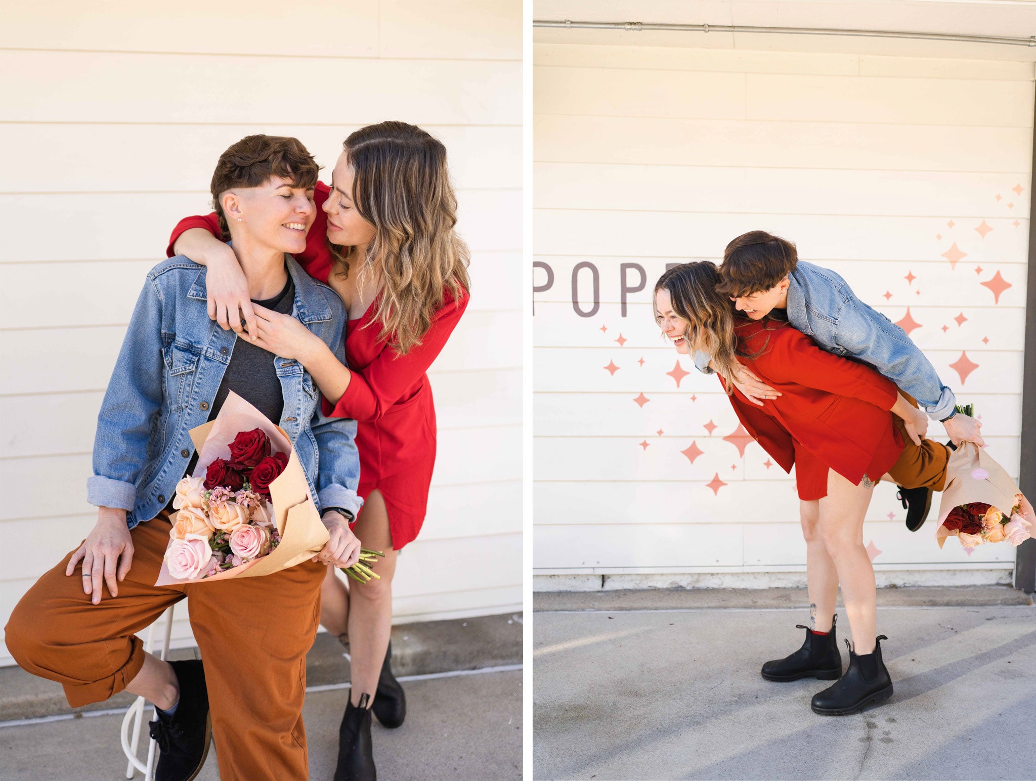 Couple standing with valentine arrangement