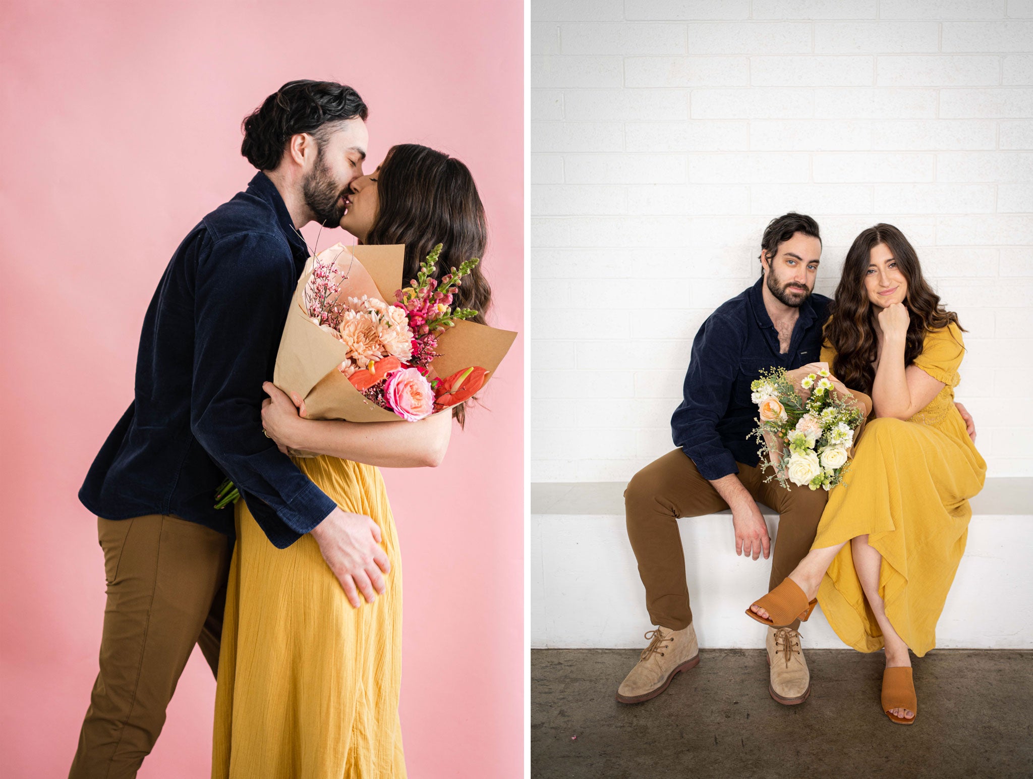 Couple standing with valentine arrangement