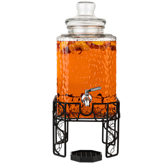 2 Gallon Glass Beverage Dispenser with Ice and Fruit Infusers, Metal Wire Stand with Wooden Handles, Drip Tray and Stainless Steel Spigot- Mason