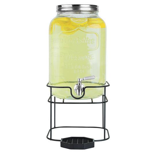 2 Gallon Glass Beverage Dispenser with Ice and Fruit Infusers, Metal Wire Stand with Wooden Handles, Drip Tray and Stainless Steel Spigot- Mason