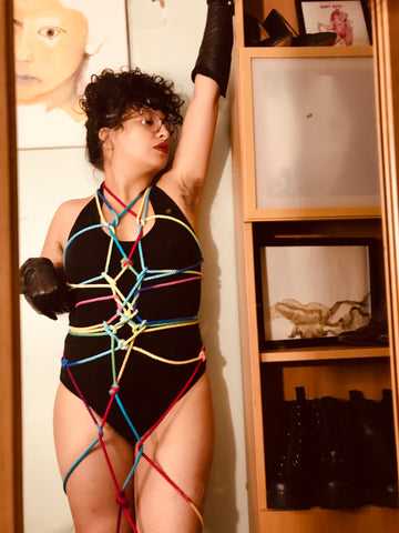 Lady Euphoria Standing, Adjusted Tortoise Shell Body Harness With Emojibator Bondage Rope