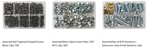 assorted packs of self tapping flanged screws m5 metric nylon insert nuts m10 screws and flatwashers