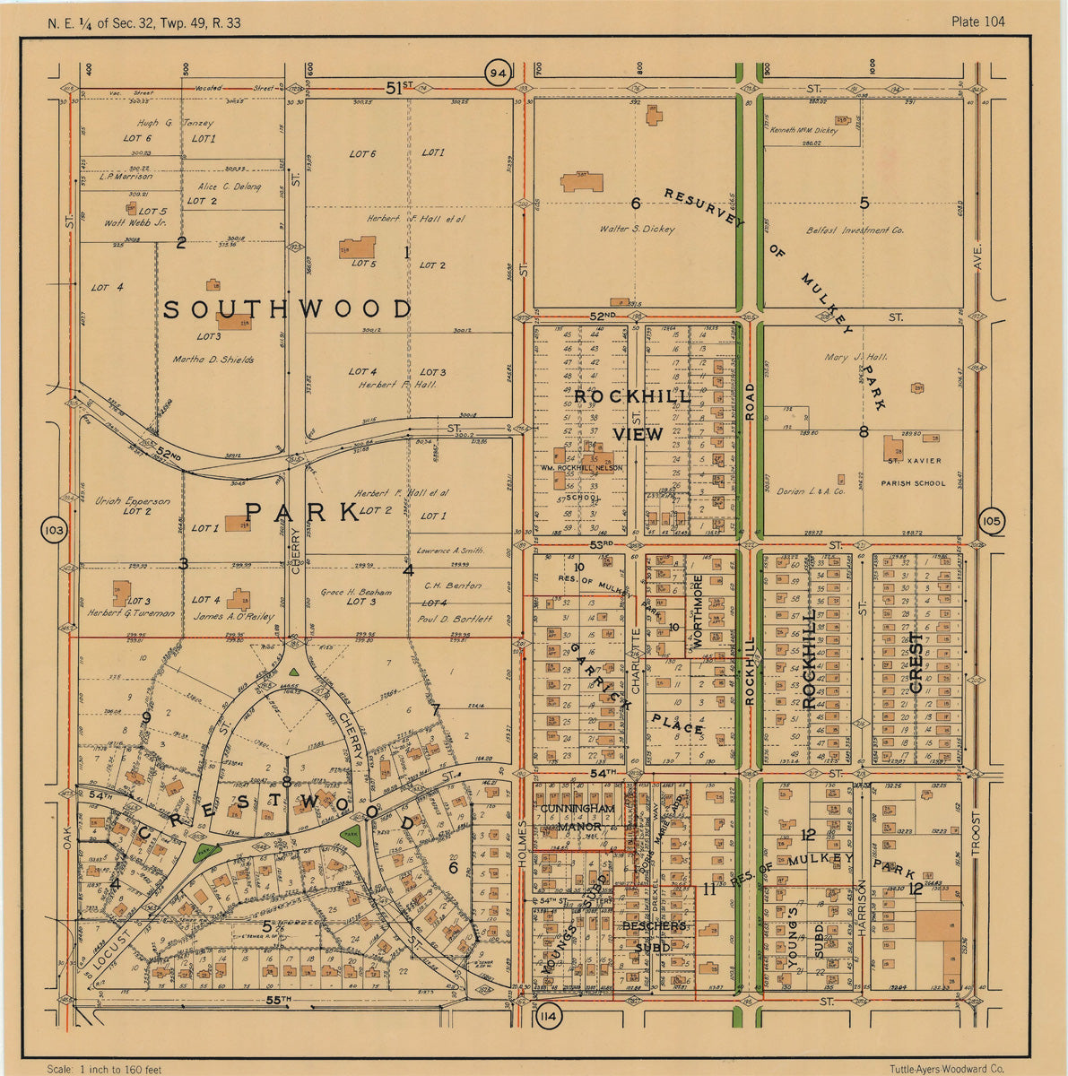 Kansas City 1925 Neighborhood Map - Plate #104 51st-55th Oak-Troost