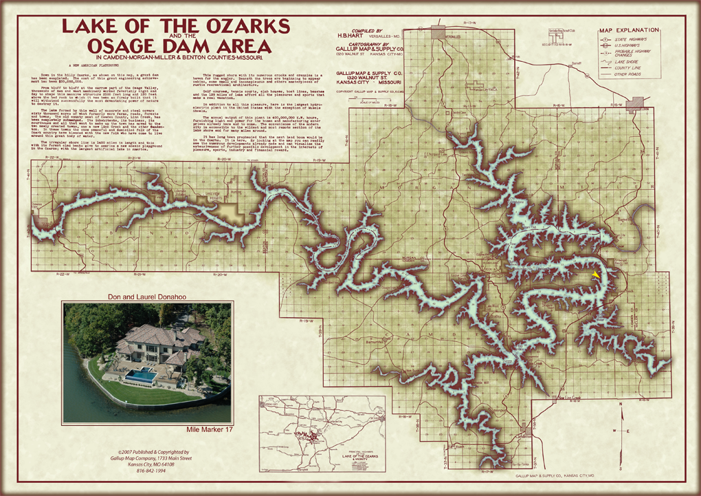 Lake Of The Ozarks Original Map With Cove Names And Mile Markers Gallup Map