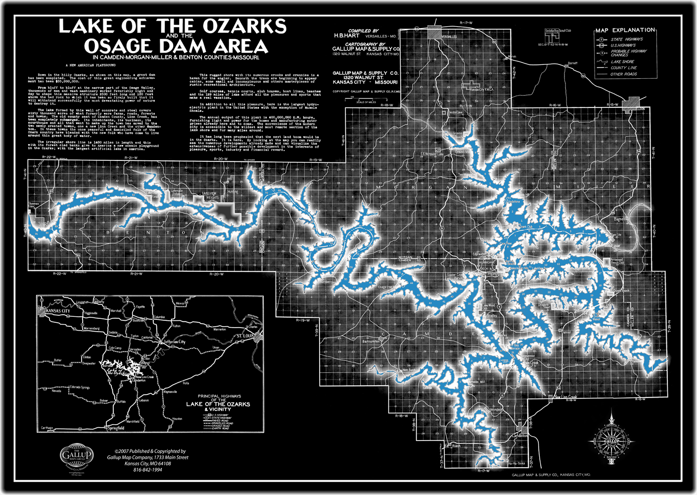 Vintage Lake of the Ozarks Map Brilliant Reverse with Cove Names and Mile.....