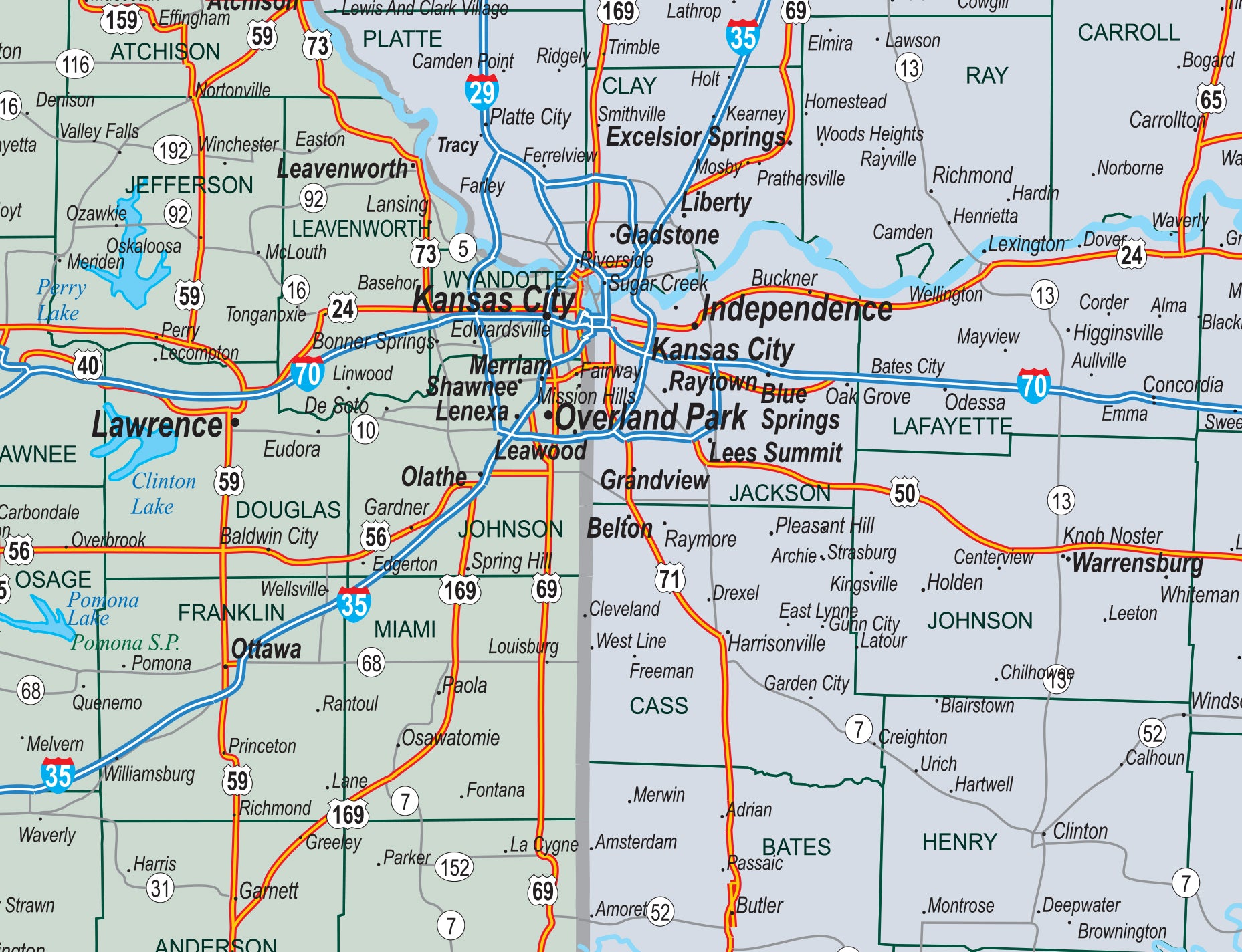 Four State Missouri Kansas Iowa Nebraska County Town Highway Map   MINK USA Detail 