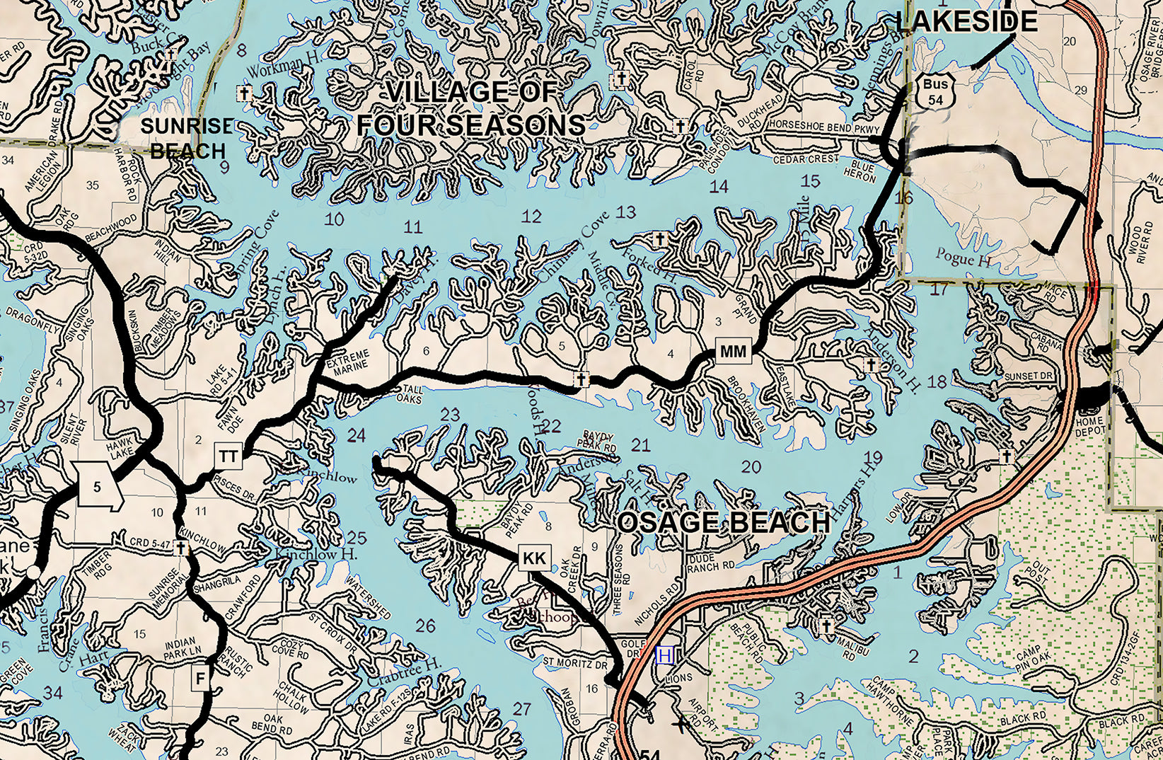 Lake of the Ozarks New and Old Combo Map Old West with Cove Names and