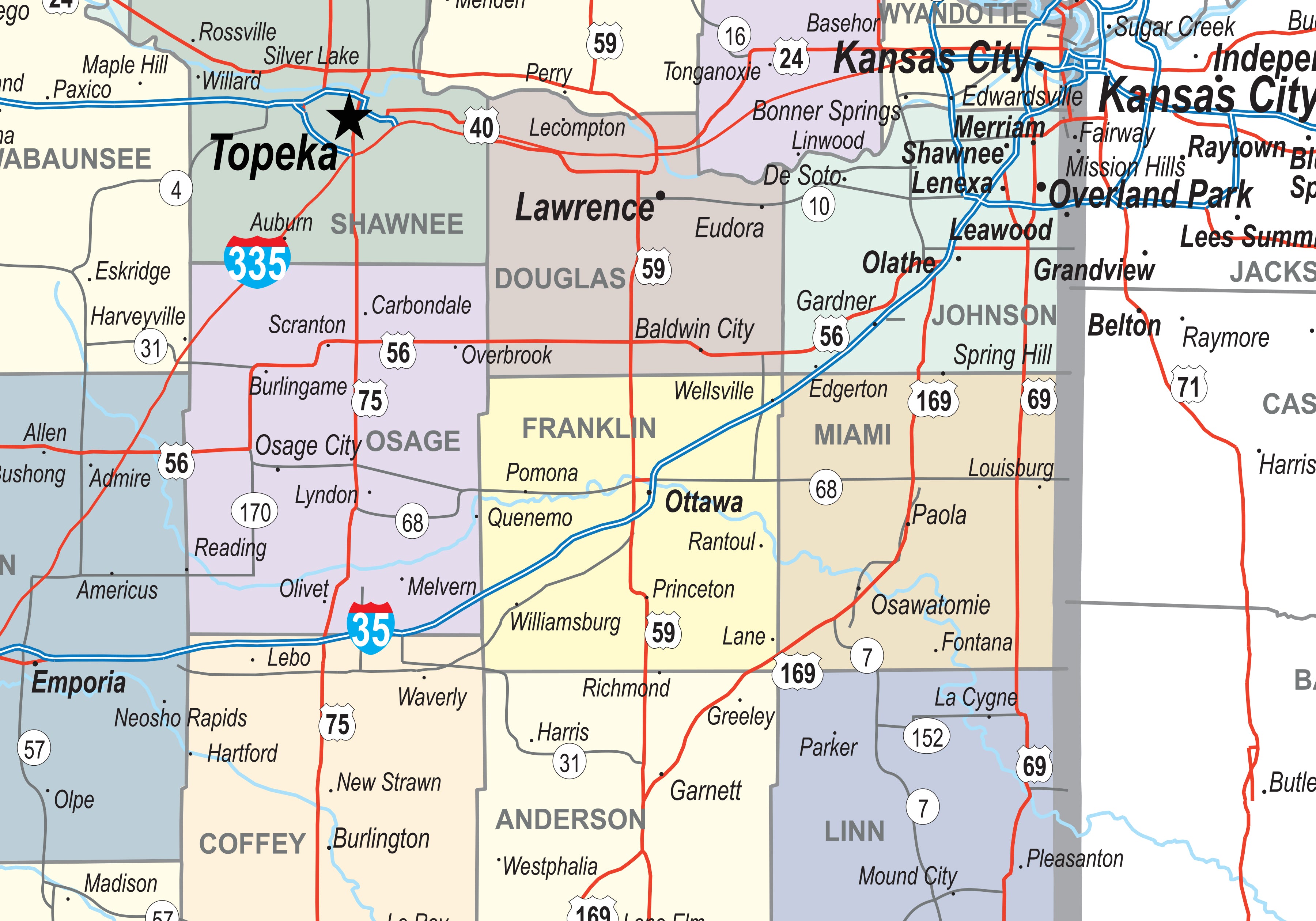 Kansas Laminated Wall Map County and Town map With Highways - Gallup Map