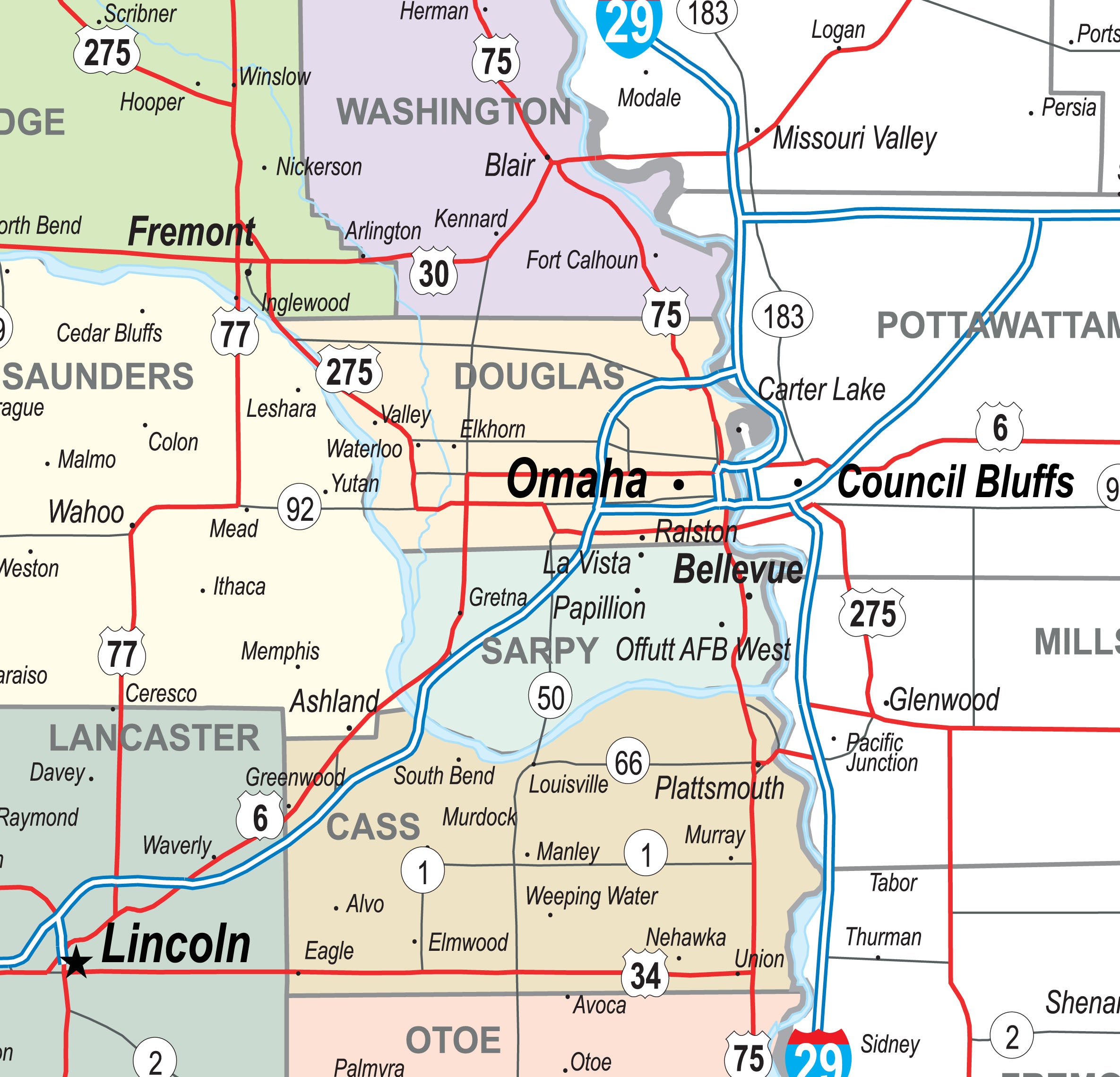 Nebraska Laminated Wall Map County And Town Map With Highways Gallup Map