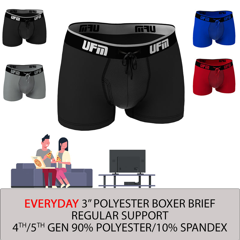 UFM Mens Underwear, 9 Inch Inseam Poly-Spandex Mens Boxer Briefs,  Adjustable Support Pouch Mens Boxers, 44-46 Waist, Red